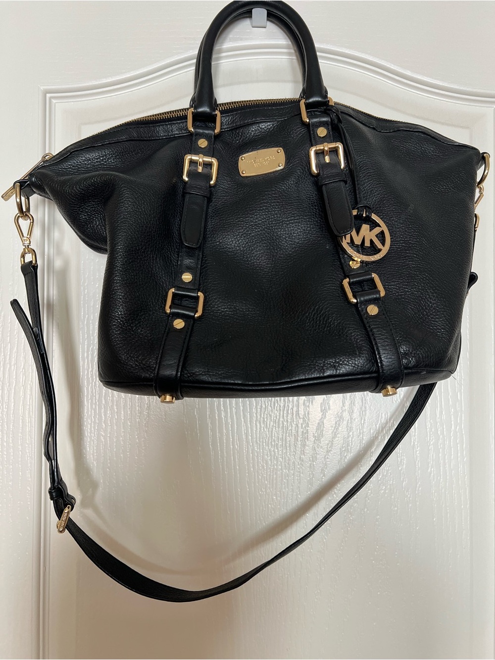 Michael Kors Black Bedford Leather Shoulder Bag with Gold Logo Charm